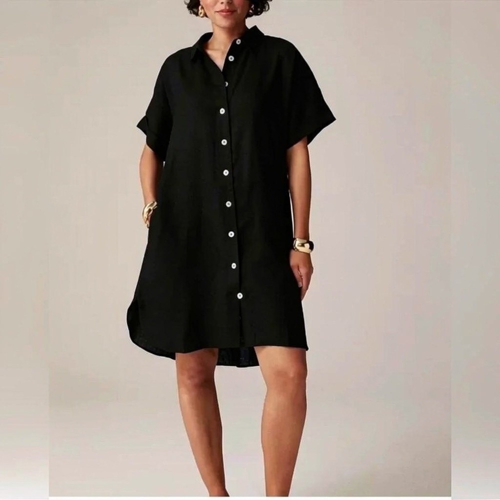 J.Crew Capitaine Short Sleeve Linen Shirt Dress Women XXSP Black Lagenlook Boho